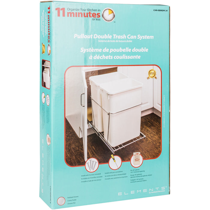 Hardware Resources Double 35 Quart Polished Chrome Wire Bottom-Mount Trashcan Pullout