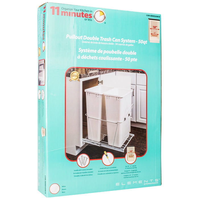 Hardware Resources Double 50 Quart White Wire Bottom-Mount Trashcan Pullout