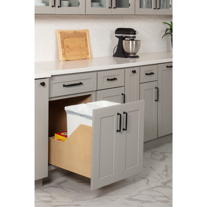 Pallet of 12 Double 35 Quart Wood Bottom-Mount Soft-close Trashcan Rollout for Door Mounting, Includes Two Cans and Door Joining Bracket
