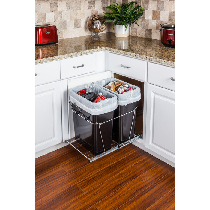 Hardware Resources Double 35 Quart Polished Chrome Wire Bottom-Mount Trashcan Pullout