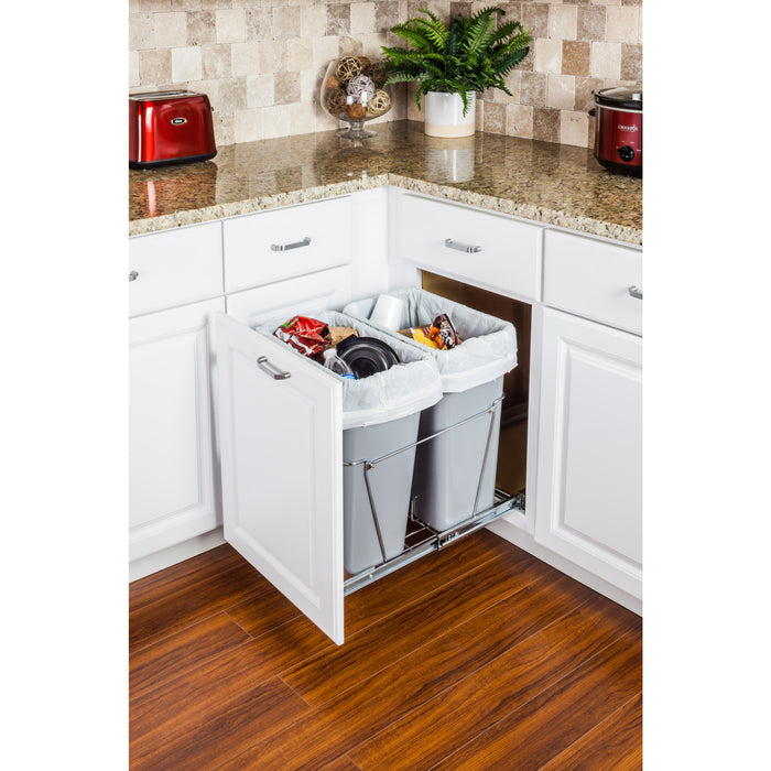 Hardware Resources Double 35 Quart Polished Chrome Wire Bottom-Mount Trashcan Pullout