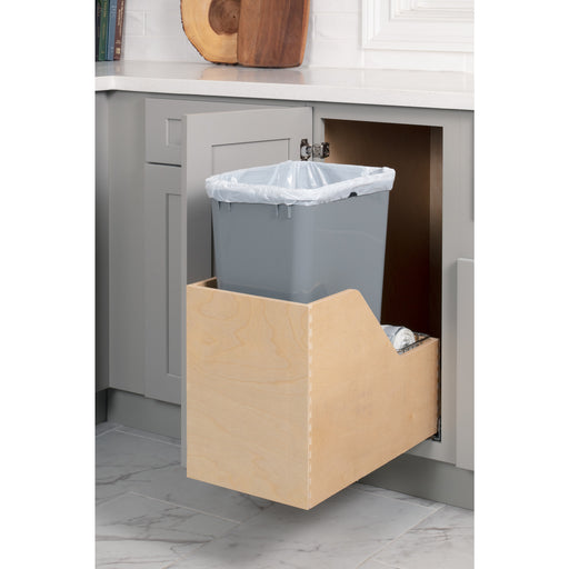 Hardware Resources Single 50 Quart Wood Bottom-Mount Soft-close Trashcan Rollout for Hinged Doors, Includes One Grey Can