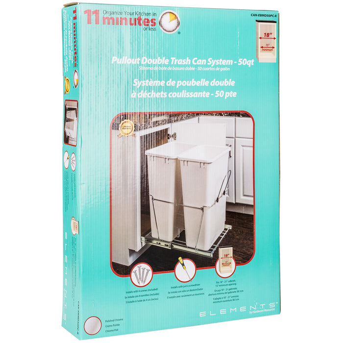 Hardware Resources Double 50 Quart Polished Chrome Wire Bottom-Mount Trashcan Pullout