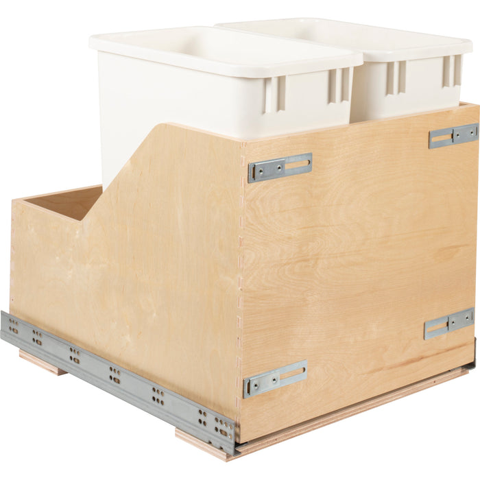 Hardware Resources Double 35 Quart Wood Bottom-Mount Soft-close Trashcan Rollout for Door Mounting, Includes Two White Cans and Door Joining Bracket