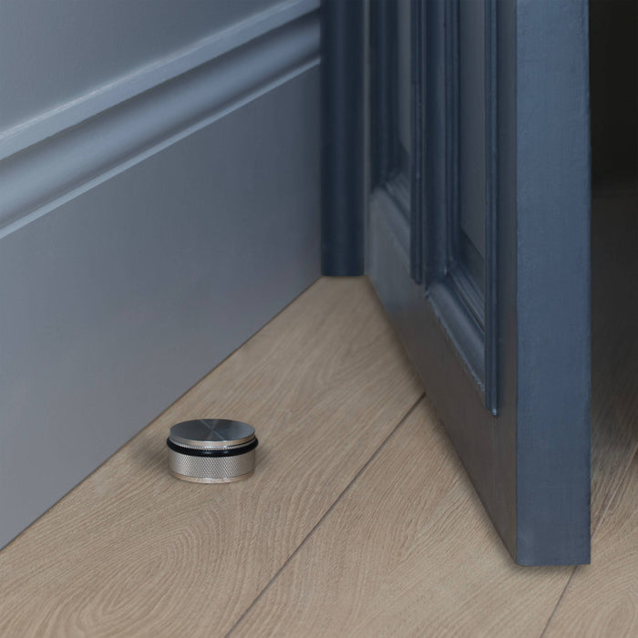 Heavy Duty Black Anodised Metal Door Stop with Diamond-Cut Knurling and Rubber Buffer - BUSTER + PUNCH