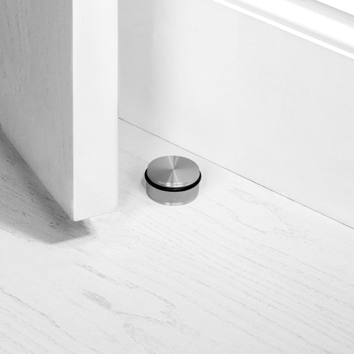 Heavy Duty Black Anodised Metal Door Stop with Diamond-Cut Knurling and Rubber Buffer - BUSTER + PUNCH