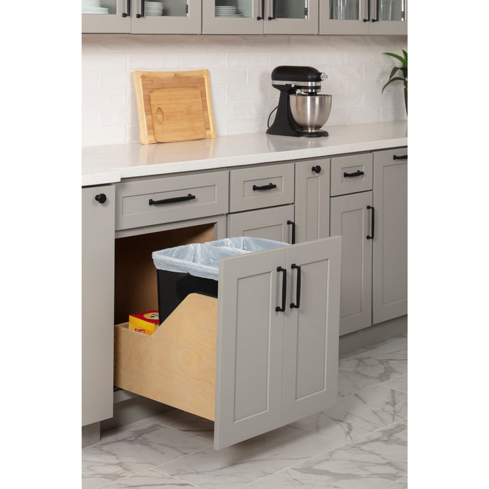 Pallet of 12 Double 35 Quart Wood Bottom-Mount Soft-close Trashcan Rollout for Door Mounting, Includes Two Black Cans and Door Joining Bracket