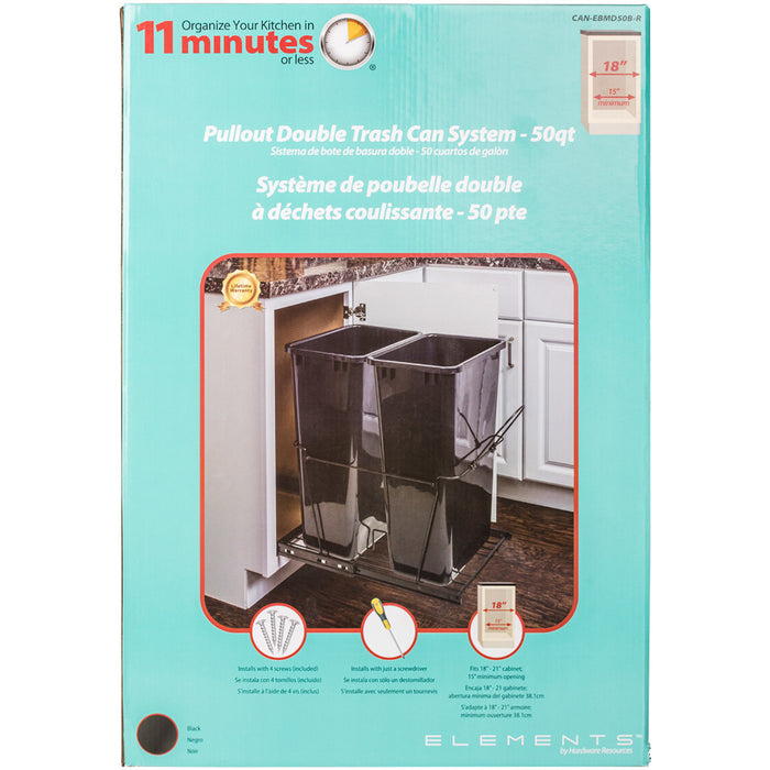 Hardware Resources Double 50 Quart Black Wire Bottom-Mount Trashcan Pullout