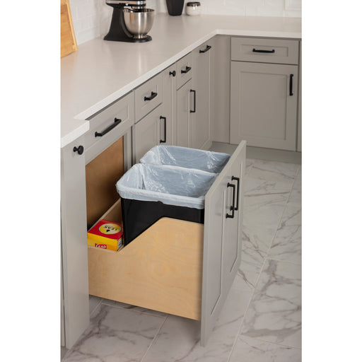Hardware Resources Double 35 Quart Wood Bottom-Mount Soft-close Trashcan Rollout for Door Mounting, Includes Two Black Cans and Door Joining Bracket