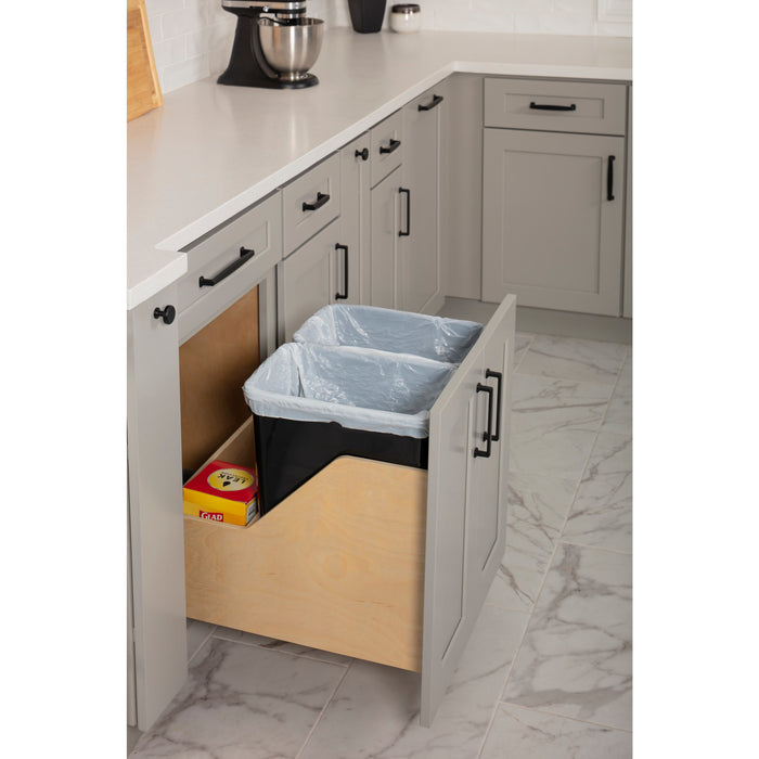 Hardware Resources Double 35 Quart Wood Bottom-Mount Soft-close Trashcan Rollout for Door Mounting, Includes Two Black Cans and Door Joining Bracket