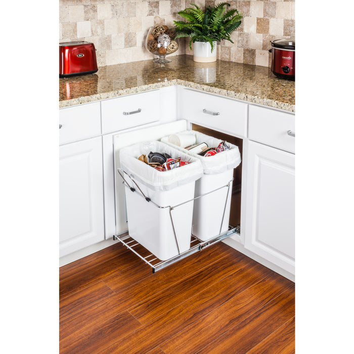 Hardware Resources Double 35 Quart Polished Chrome Wire Bottom-Mount Trashcan Pullout