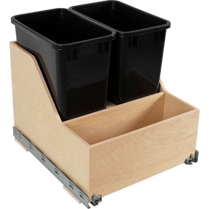 Hardware Resources Double 35 Quart Wood Bottom-Mount Soft-close Trashcan Rollout for Door Mounting, Includes Two Black Cans and Door Joining Bracket
